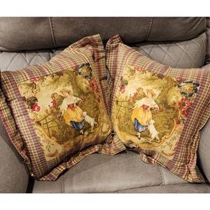 French Country toile shabby Fragonard Victorian down pillow set check decor